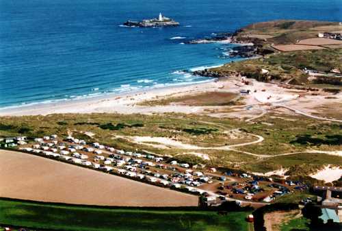 Aerial View of Churchtown Farm Caravan & Camping Site, the Sand Dunes, the Beach, Godrevy & Godrevy Lighthouse